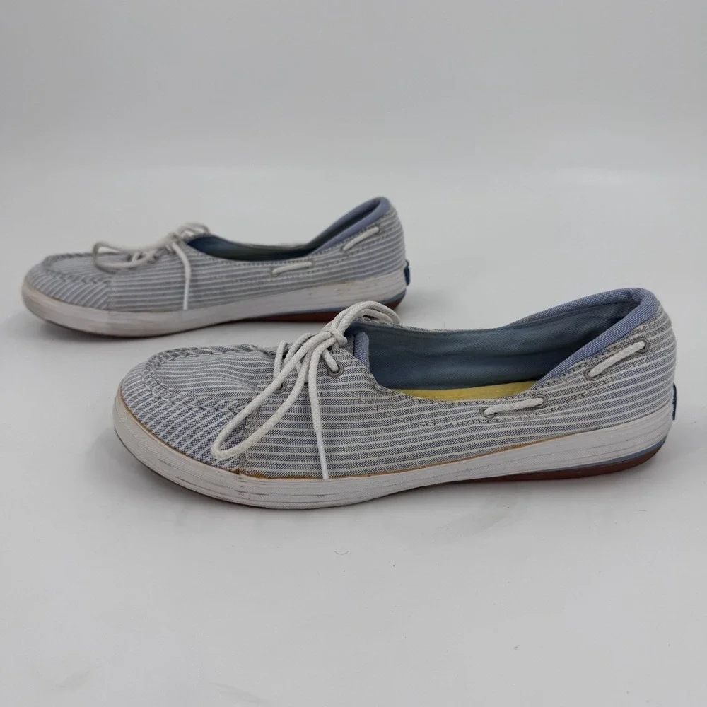 Keds Boat Shoes Womens US 9 Blue White Striped Canvas Comfort Moc Toe Lace Up